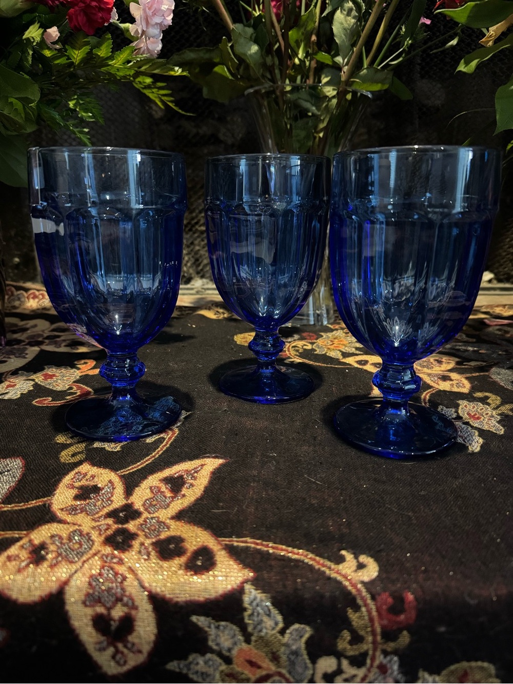 Vintage Libbey Gibraltar Duratuff cobalt blue water or iced tea goblets.